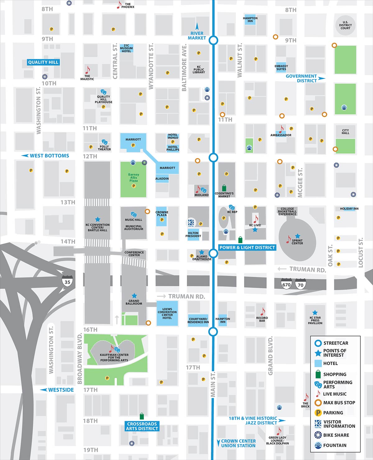 Illustrated map of the downtown buildings and roads including a legend for street car, points of interest, hotels, shopping, performance arts, lvie music, max bus stops, parking, visitor information, bike share, and fountain.